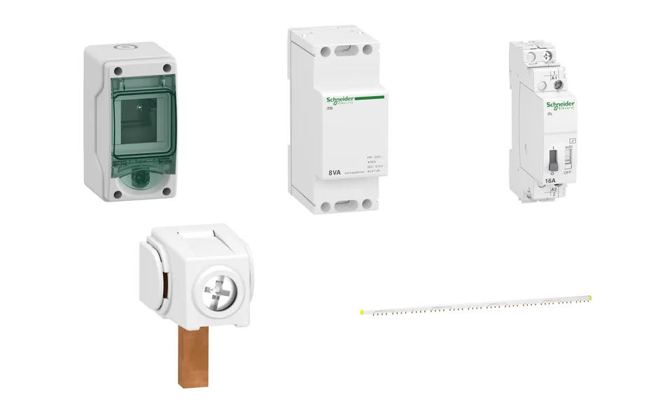 Коллаж автоматов и УЗО Acti9 Schneider Electric на белом фоне