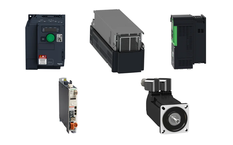 Коллаж частотных преобразователей Altivar Schneider Electric на белом фоне