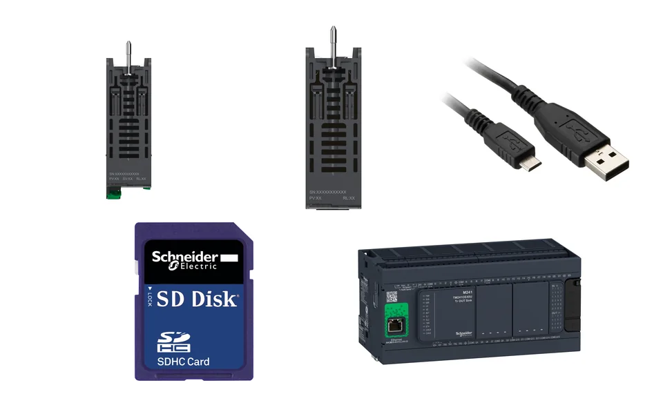 Коллаж ПЛК и модулей Modicon Schneider Electric на белом фоне
